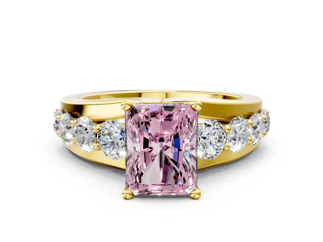 Yellow gold Fancy Pink Radiant  Brilliant Solitaire with Side Stones on a Pave Band and Four-Prong Setting_33