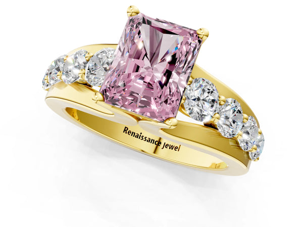 Yellow gold Fancy Pink Radiant  Brilliant Solitaire with Side Stones on a Pave Band and Four-Prong Setting