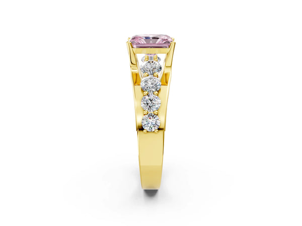 Yellow gold Fancy Pink Radiant  Brilliant Solitaire with Side Stones on a Pave Band and Four-Prong Setting