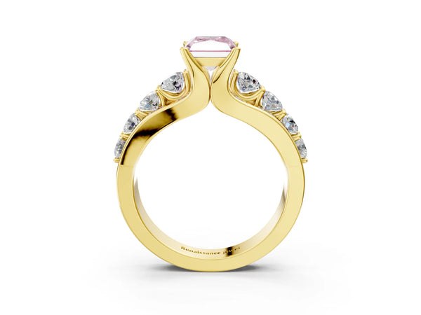 Yellow gold Fancy Pink Radiant  Brilliant Solitaire with Side Stones on a Pave Band and Four-Prong Setting