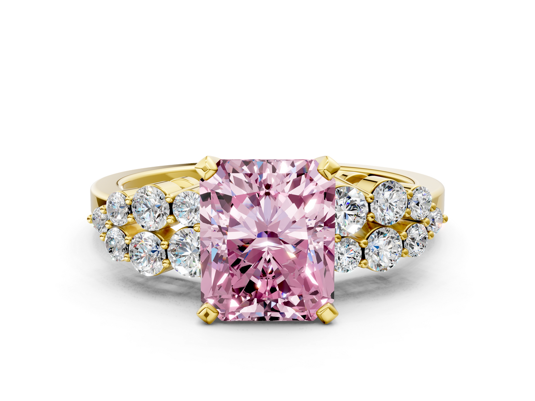 Yellow gold Fancy Pink Radiant  Cluster Diamond Engagement Ring with Pavé Band and Four-Prong Setting_63