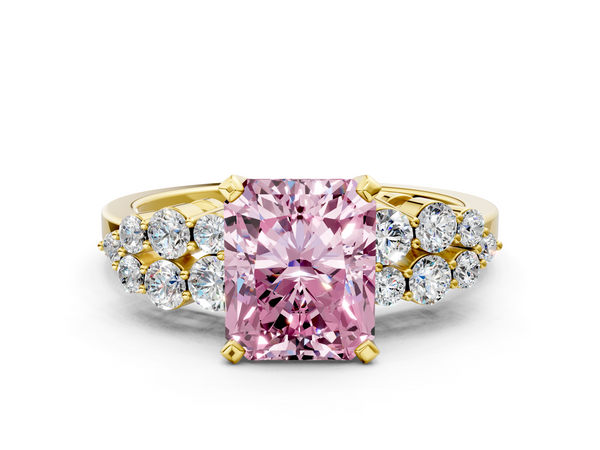 Yellow gold Fancy Pink Radiant  Cluster Diamond Engagement Ring with Pavé Band and Four-Prong Setting