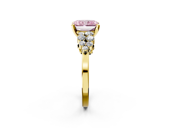 Yellow gold Fancy Pink Radiant  Cluster Diamond Engagement Ring with Pavé Band and Four-Prong Setting