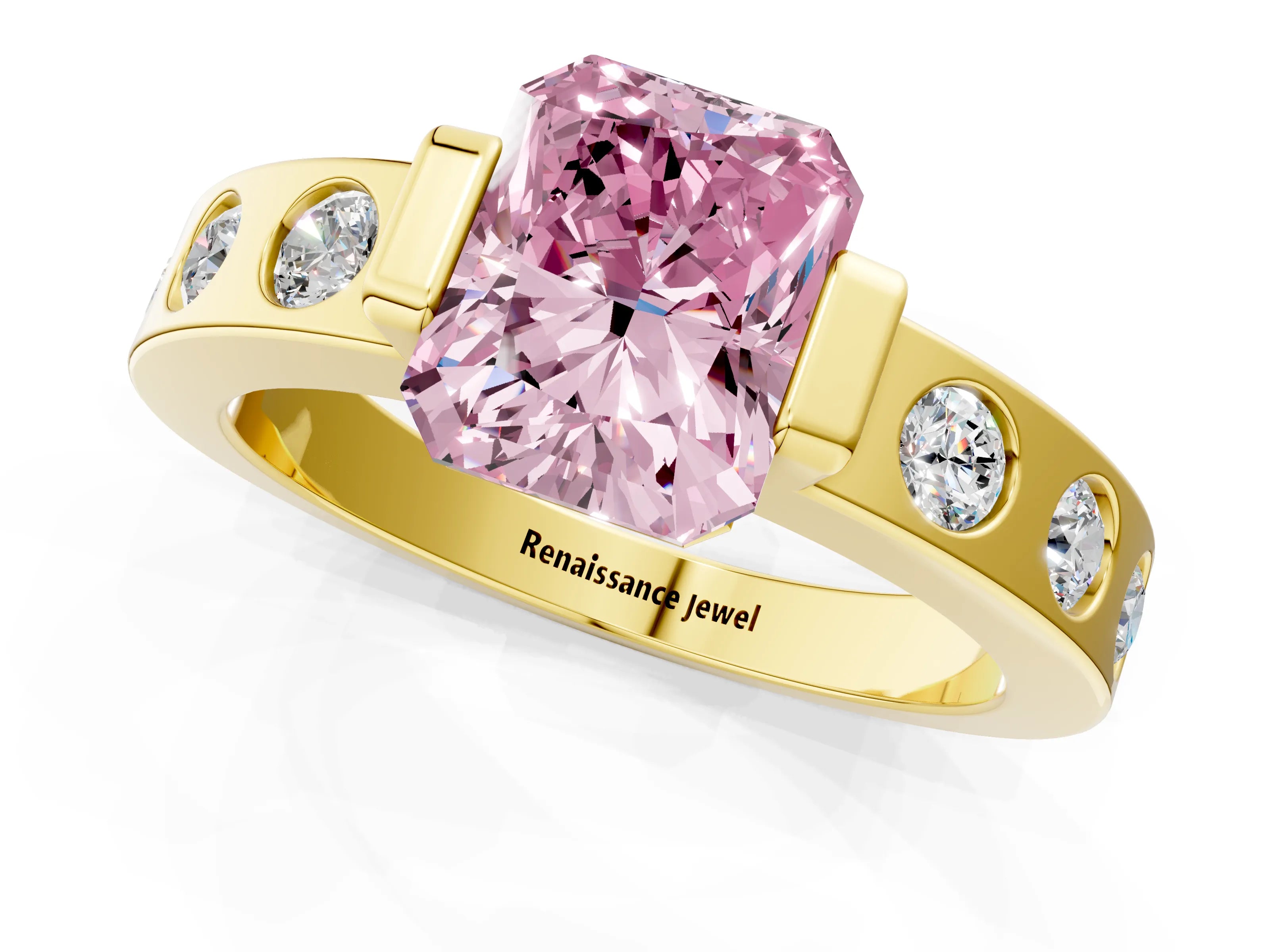 Yellow gold Fancy Pink Radiant Cut Brilliant Channel-Set Diamond Ring with Bezel Prong Setting_1
