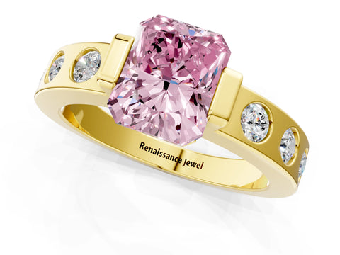 Yellow gold Fancy Pink Radiant Cut Brilliant Channel-Set Diamond Ring with Bezel Prong Setting_1