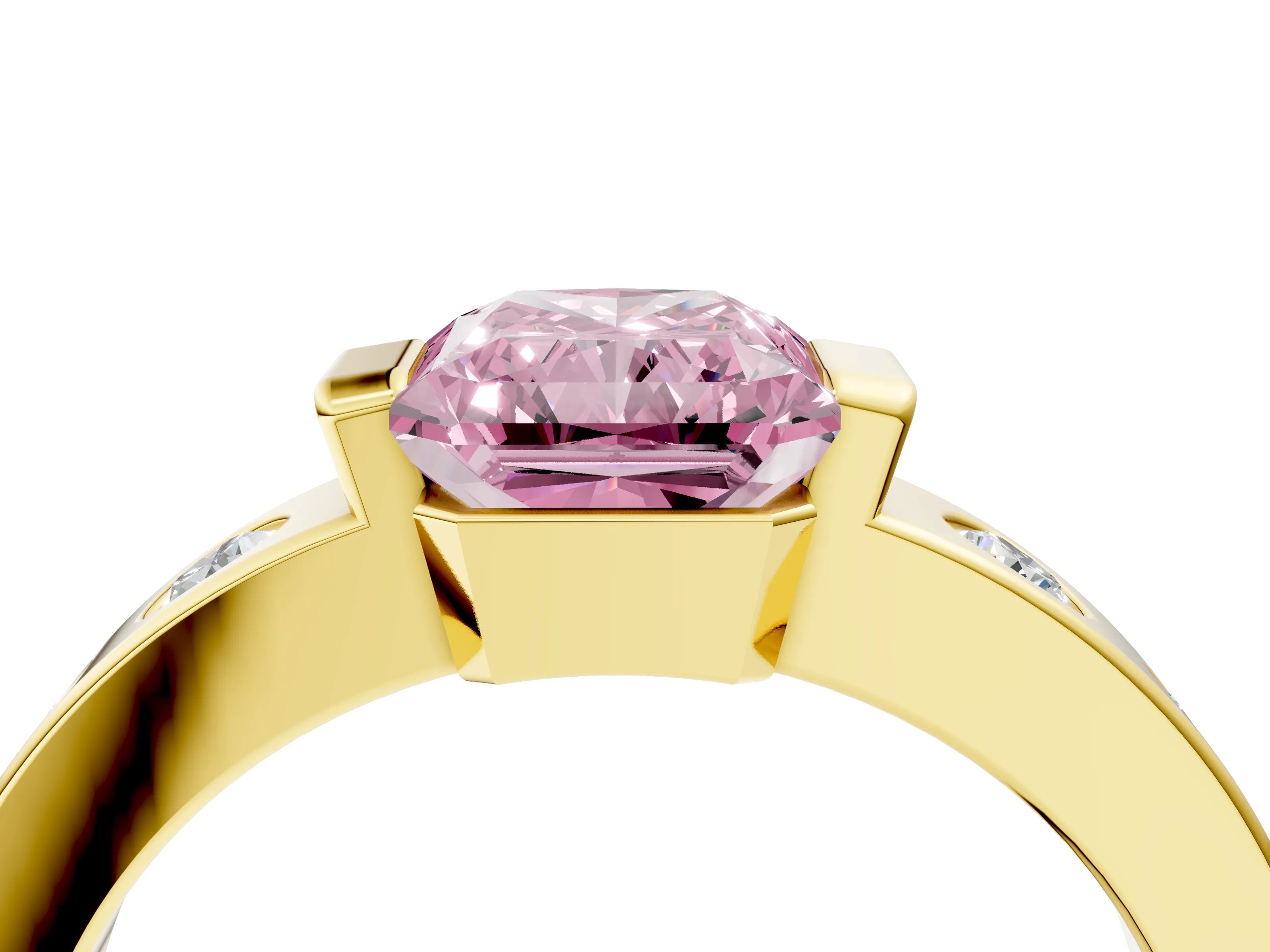 Yellow gold Fancy Pink Radiant Cut Brilliant Channel-Set Diamond Ring with Bezel Prong Setting_4