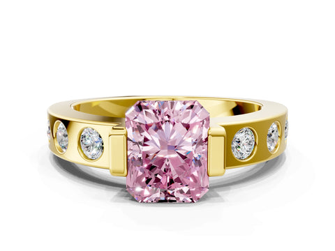 Yellow gold Fancy Pink Radiant Cut Brilliant Channel-Set Diamond Ring with Bezel Prong Setting