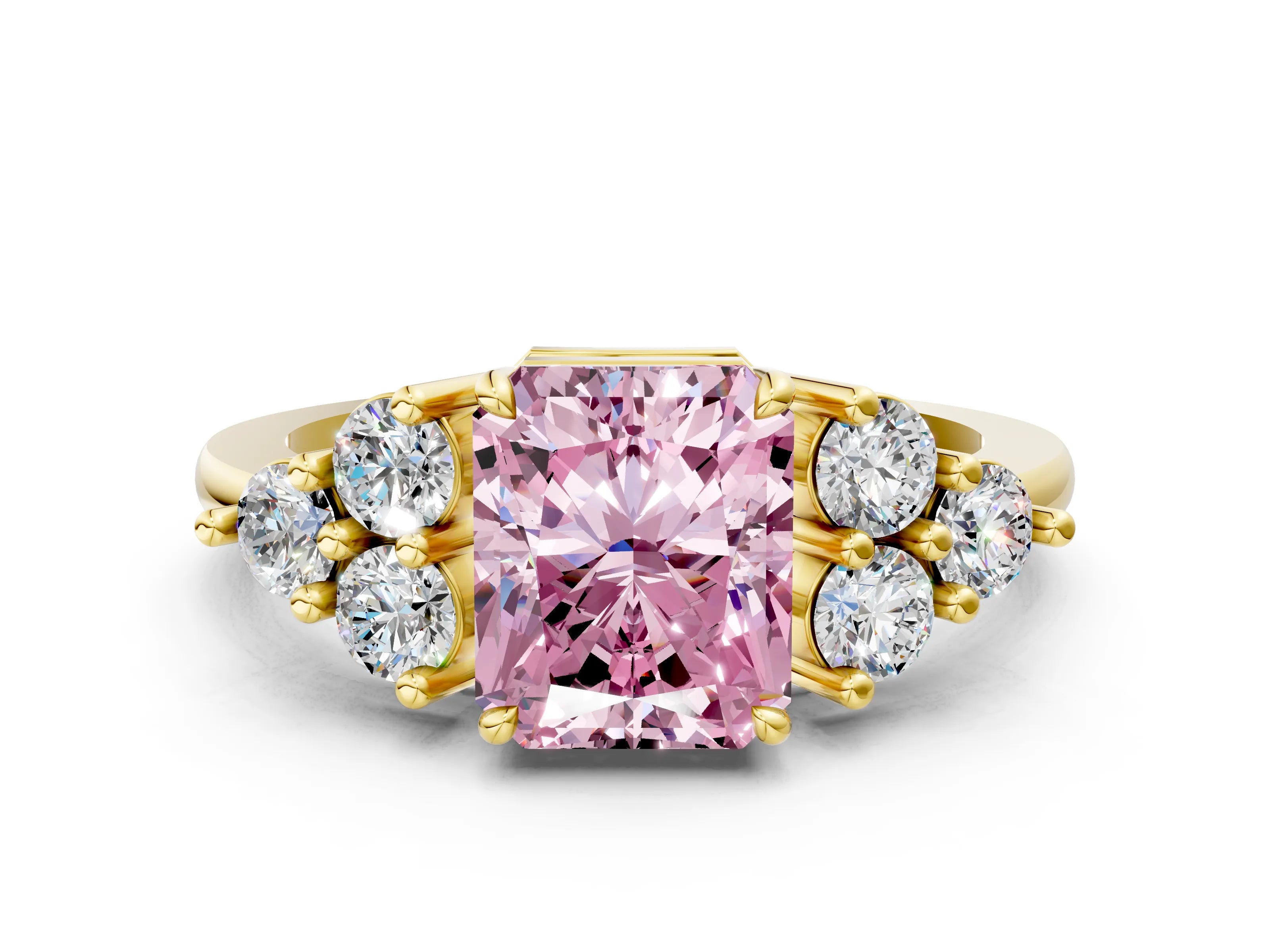 Yellow gold Fancy Pink Radiant Cut Brilliant Diamond Cluster Accent Solitaire Ring with Prong Setting