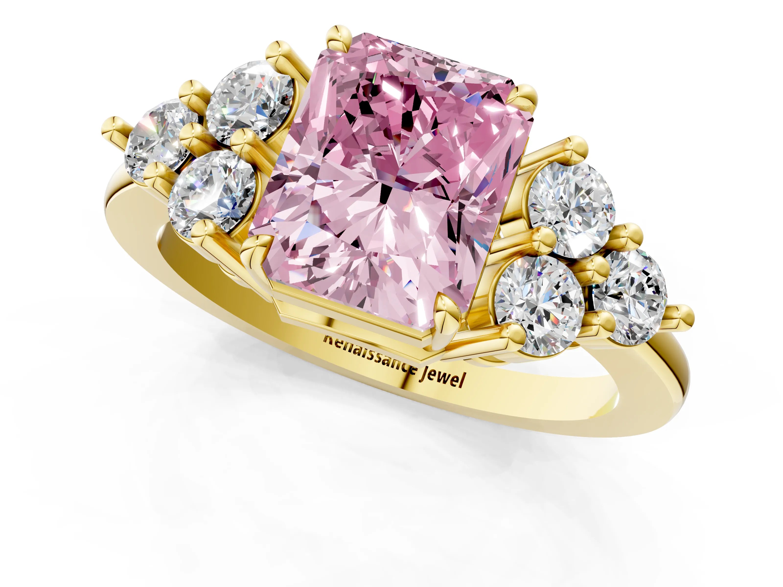 Yellow gold Fancy Pink Radiant Cut Brilliant Diamond Cluster Accent Solitaire Ring with Prong Setting_1