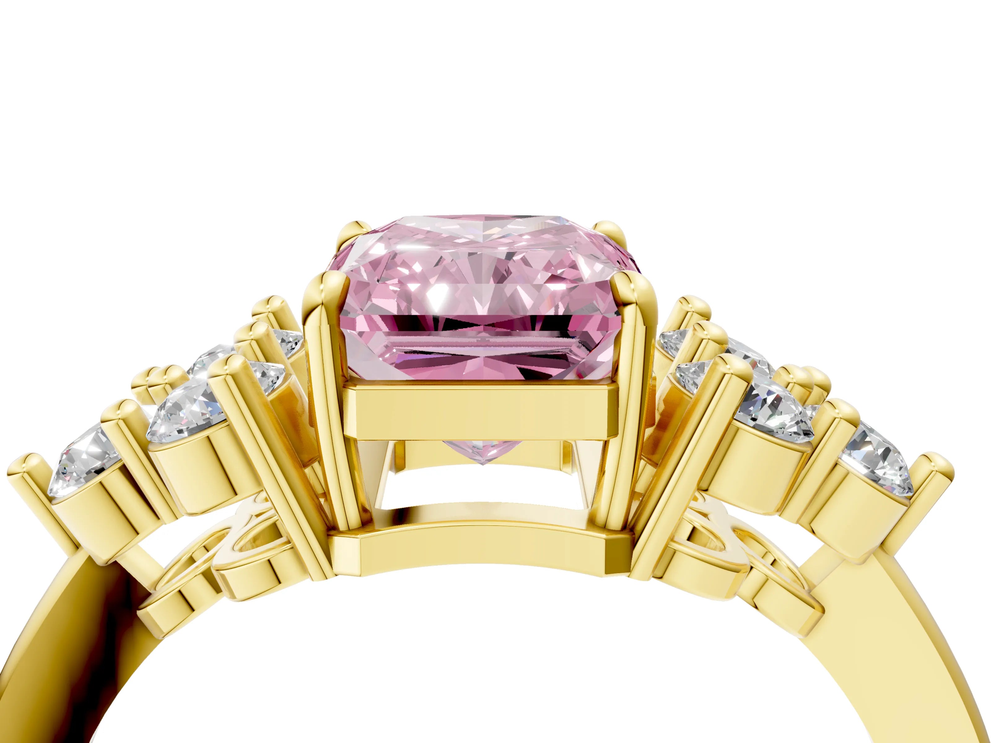 Yellow gold Fancy Pink Radiant Cut Brilliant Diamond Cluster Accent Solitaire Ring with Prong Setting_4