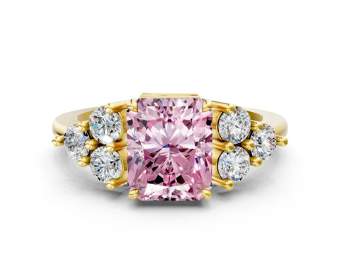 Yellow gold Fancy Pink Radiant Cut Brilliant Diamond Cluster Accent Solitaire Ring with Prong Setting