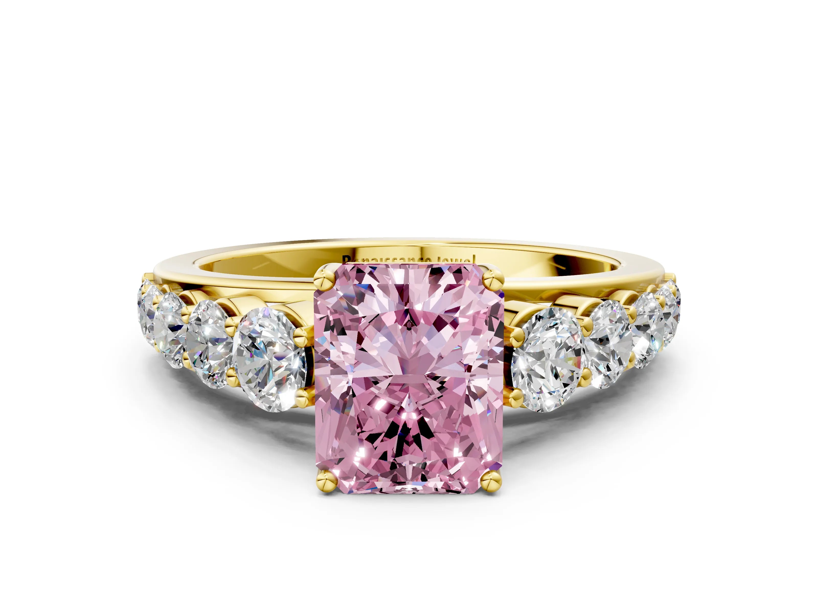 Yellow gold Fancy Pink Radiant Cut Brilliant Diamond Pavé Band with Six-Prong Setting