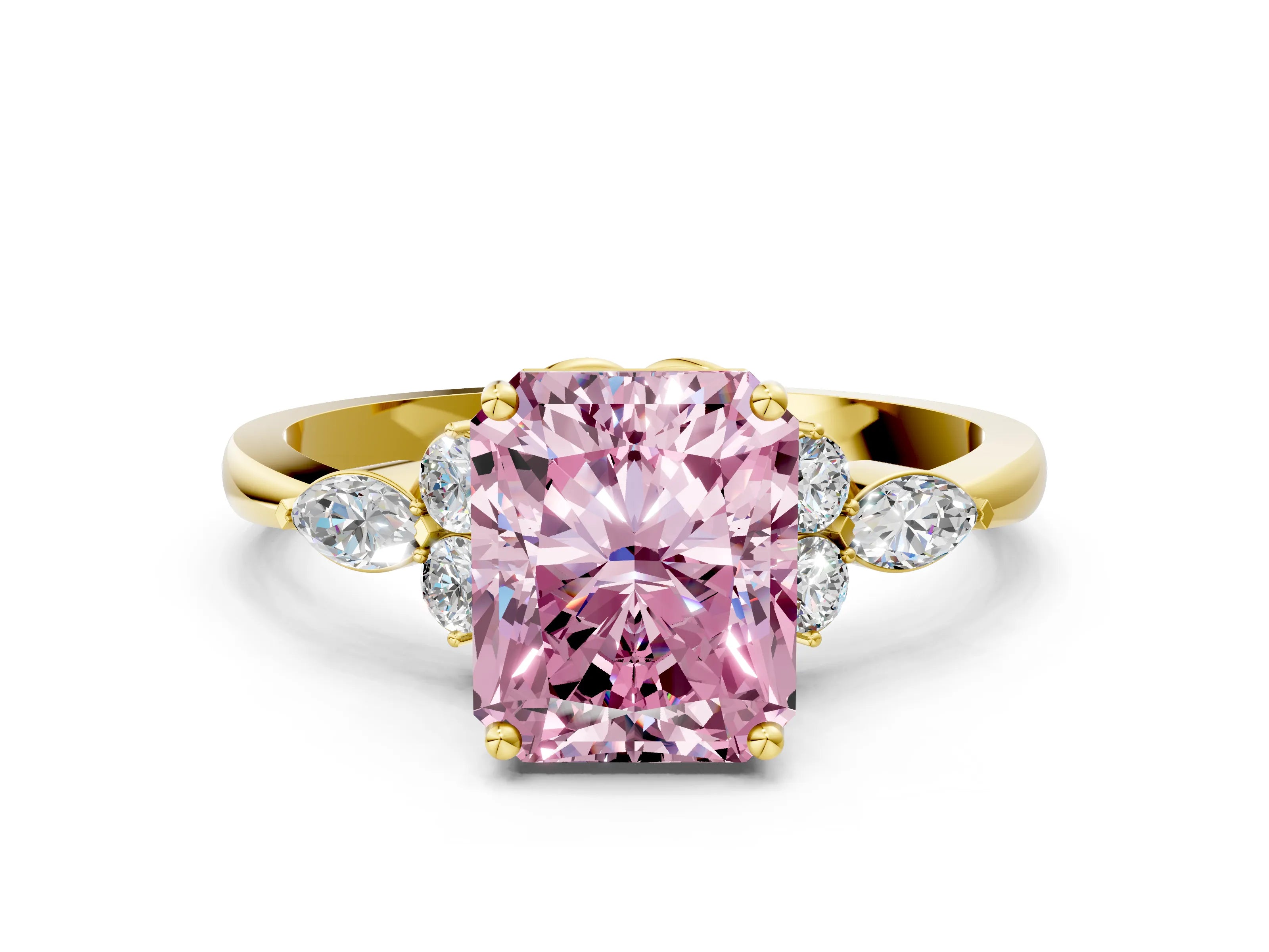 Yellow gold Fancy Pink Radiant Cut Brilliant Diamond Solitaire Ring with Pear Side Stones and Four-Prong Setting_3