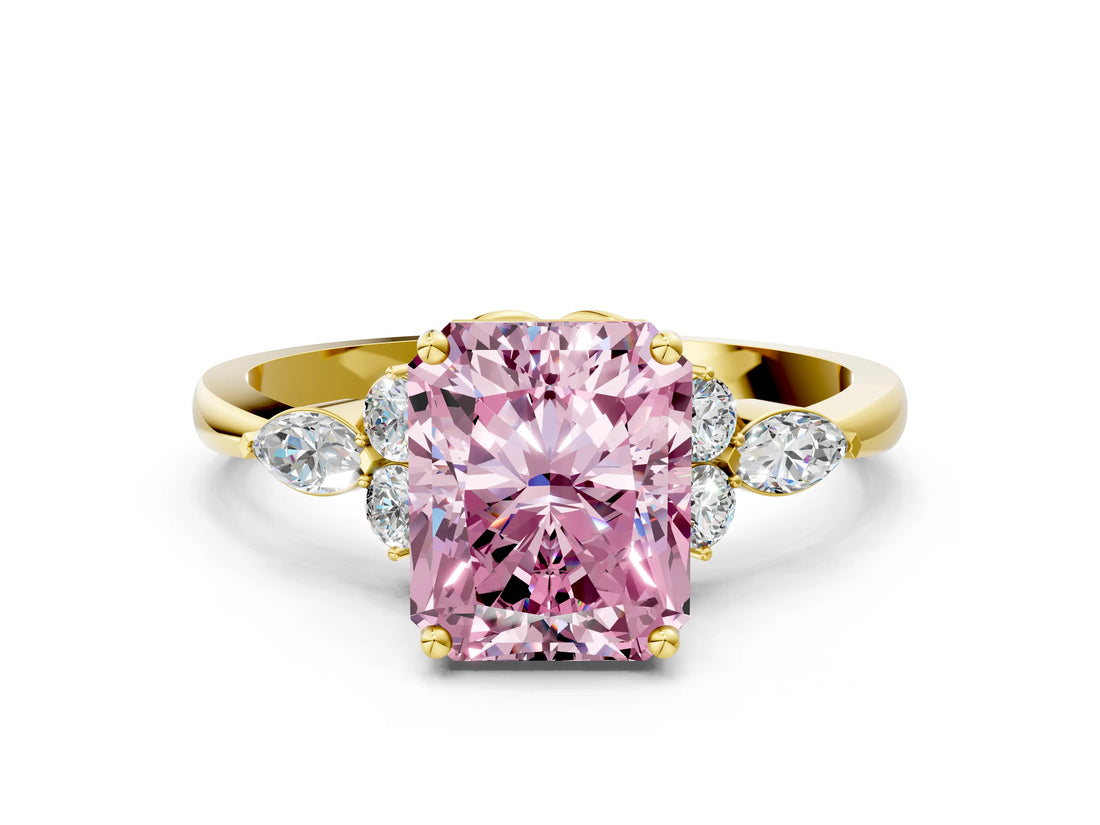 Yellow gold Fancy Pink Radiant Cut Brilliant Diamond Solitaire Ring with Pear Side Stones and Four-Prong Setting_3