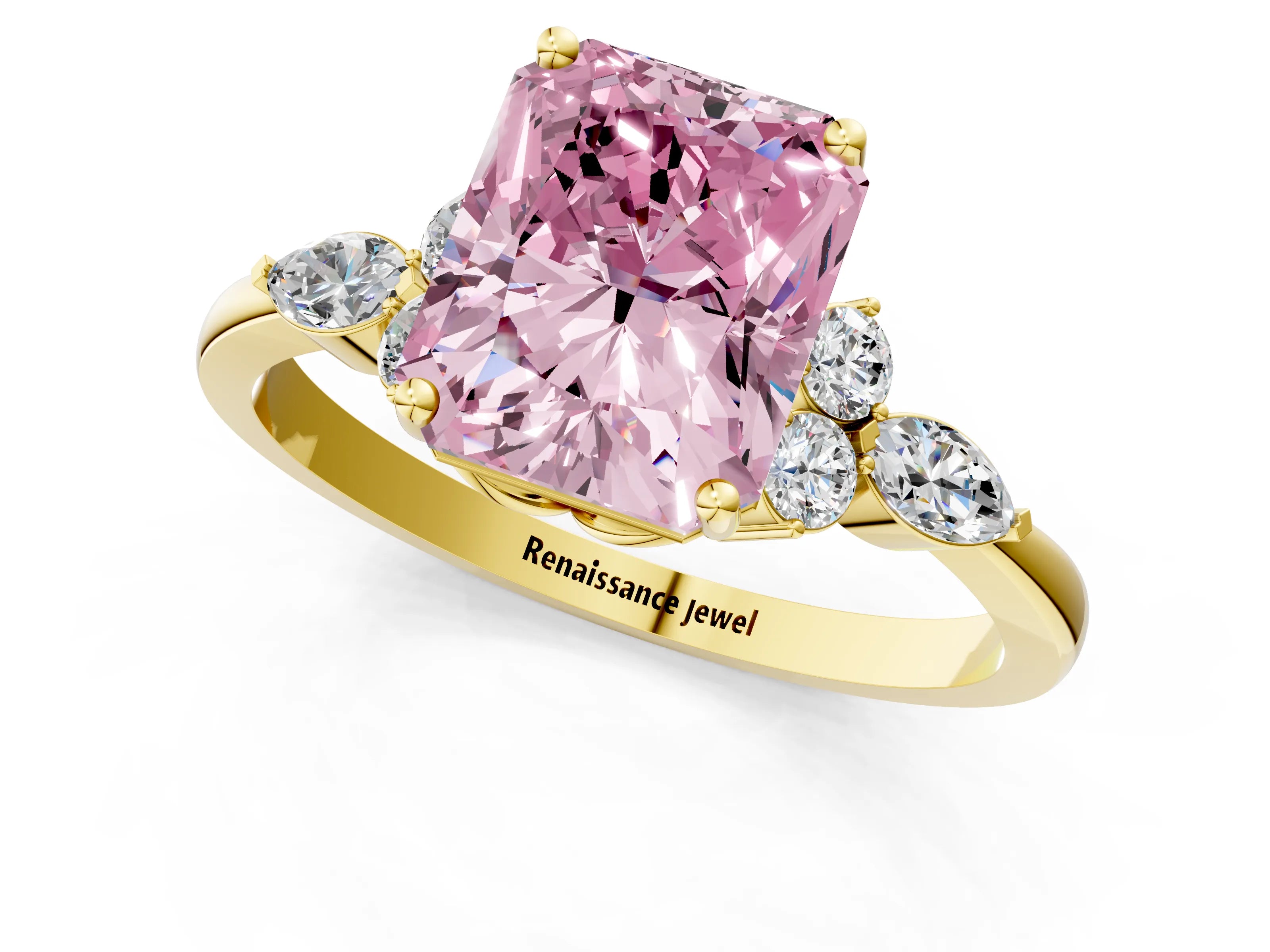 Yellow gold Fancy Pink Radiant Cut Brilliant Diamond Solitaire Ring with Pear Side Stones and Four-Prong Setting_4