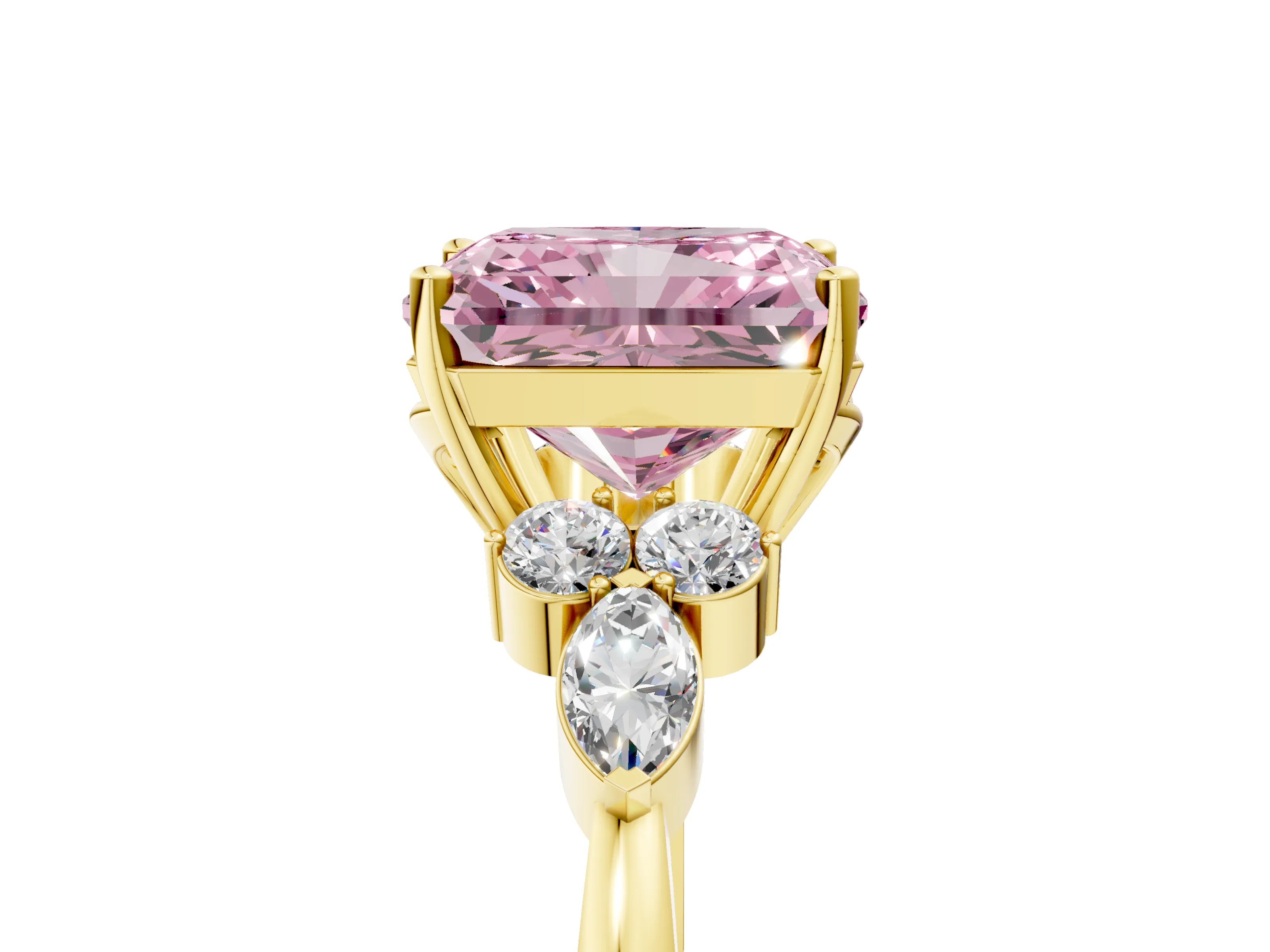 Yellow gold Fancy Pink Radiant Cut Brilliant Diamond Solitaire Ring with Pear Side Stones and Four-Prong Setting_8