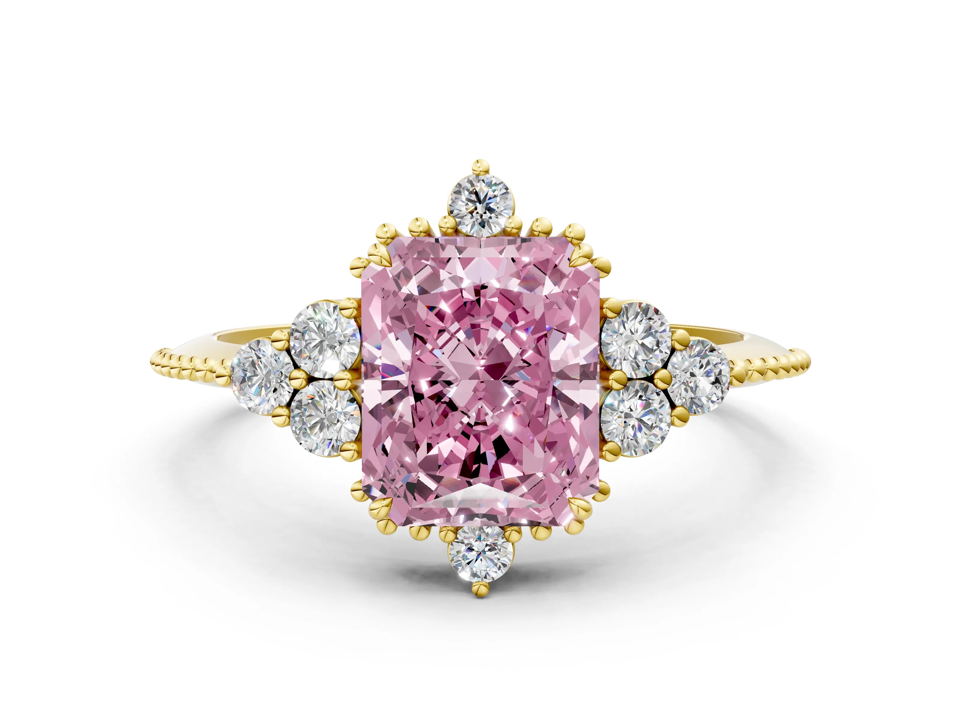 Yellow gold Fancy Pink Radiant Cut Brilliant Diamond with Cluster Setting on a Beaded Band and Four-Prong Setting
