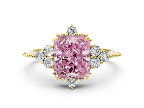 Yellow Gold Radiant Cut Beaded Cluster Engagement Ring Setting for Fancy Pink Center