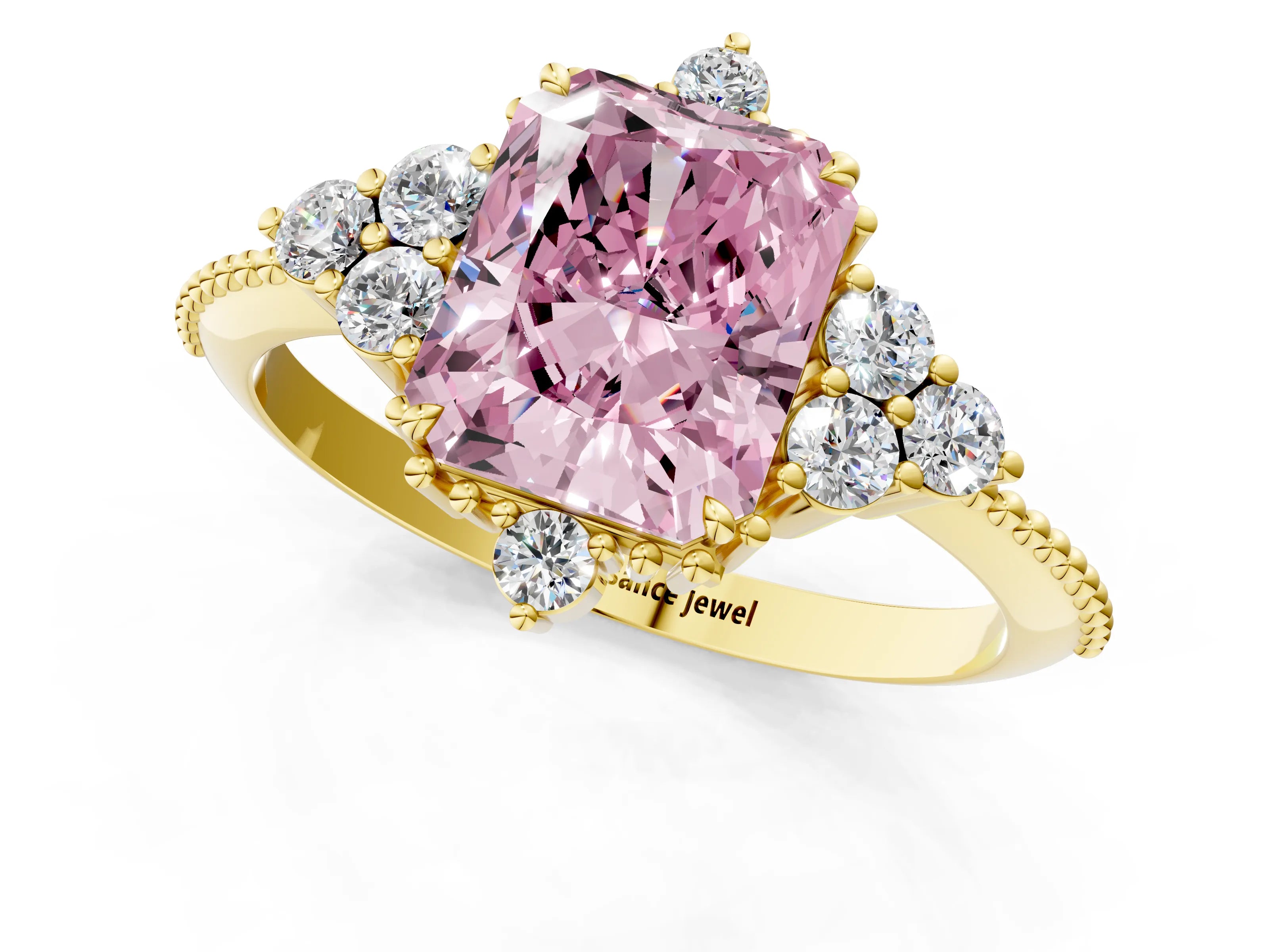 Yellow gold Fancy Pink Radiant Cut Brilliant Diamond with Cluster Setting on a Beaded Band and Four-Prong Setting_1