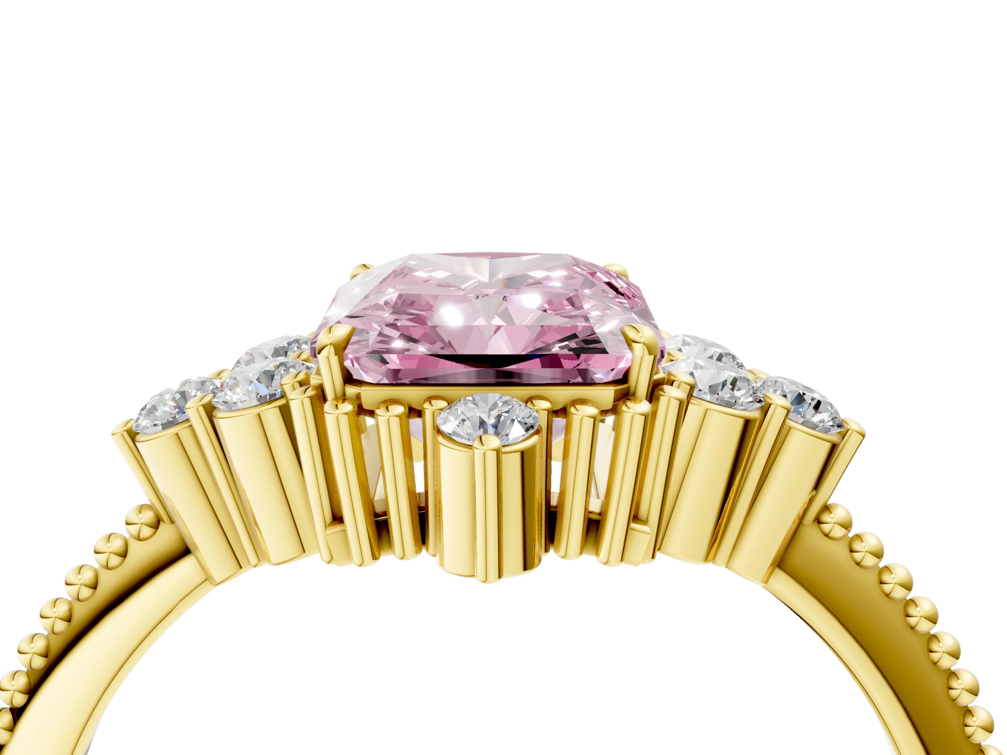 Yellow gold Fancy Pink Radiant Cut Brilliant Diamond with Cluster Setting on a Beaded Band and Four-Prong Setting_4