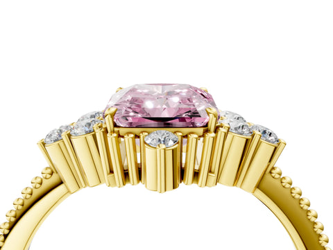 Yellow gold Fancy Pink Radiant Cut Brilliant Diamond with Cluster Setting on a Beaded Band and Four-Prong Setting_4