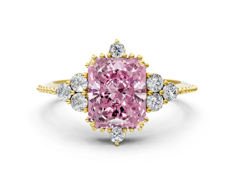 Yellow gold Fancy Pink Radiant Cut Brilliant Diamond with Cluster Setting on a Beaded Band and Four-Prong Setting