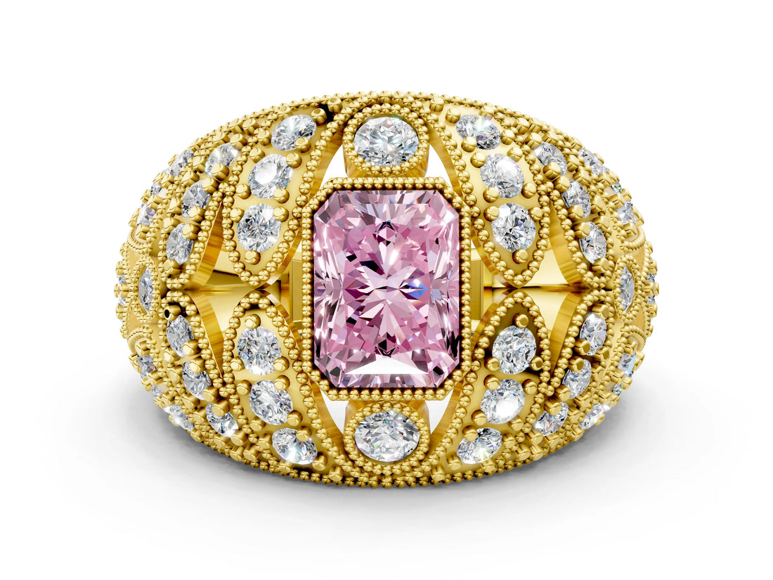 Yellow gold Fancy Pink Radiant Cut Brilliant Halo Pave Diamond Milgrain Ring