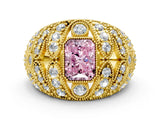 Yellow gold Fancy Pink Radiant Cut Brilliant Halo Pave Diamond Milgrain Ring