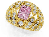 Yellow gold Fancy Pink Radiant Cut Brilliant Halo Pave Diamond Milgrain Ring_1