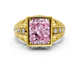 Yellow gold Fancy Pink Radiant Cut Brilliant Milgrain Filigree Diamond Ring with Square Prong Setting