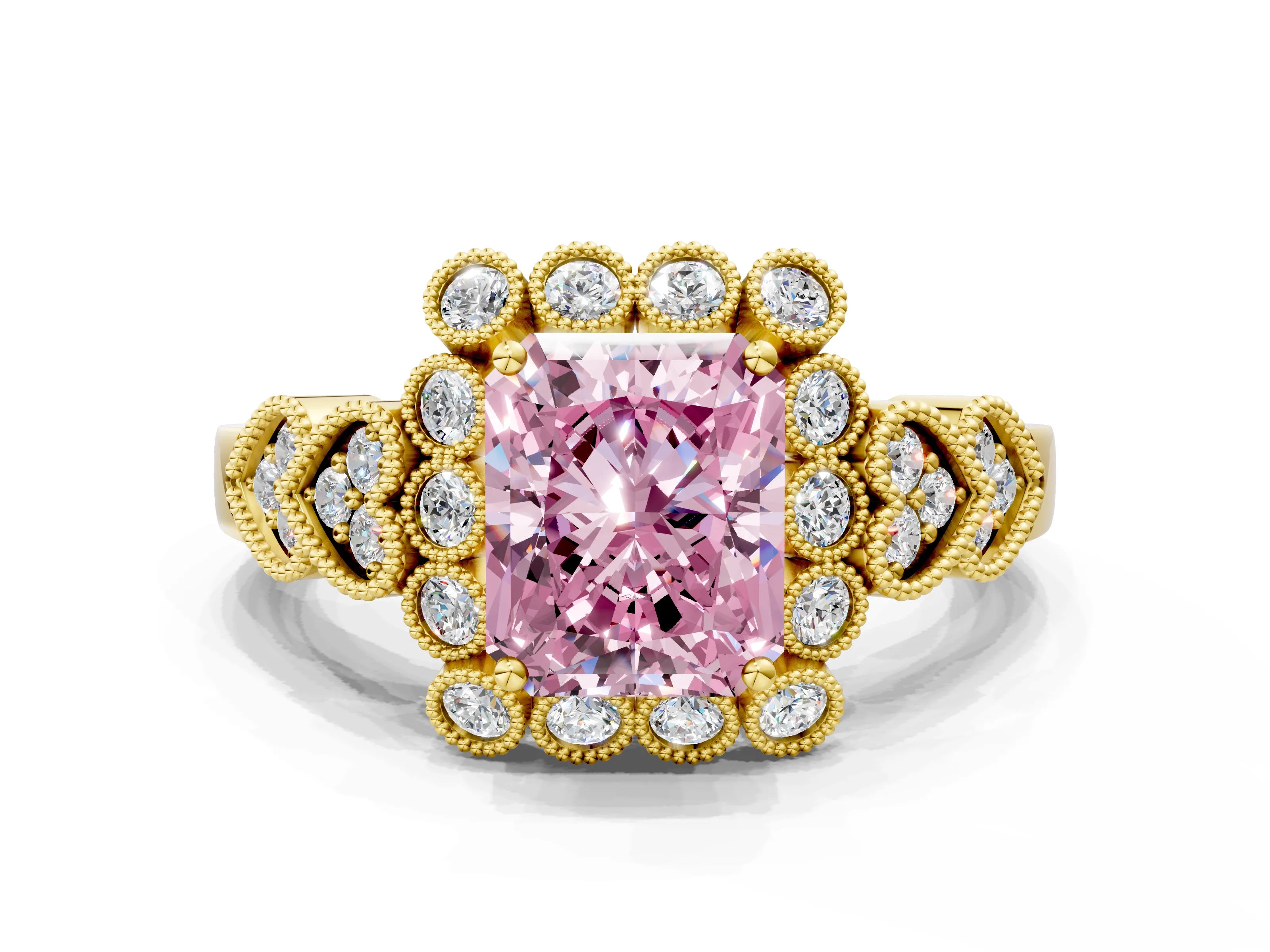 Yellow gold Fancy Pink Radiant Cut Brilliant Milgrain Pave Heart Band Solitaire Ring