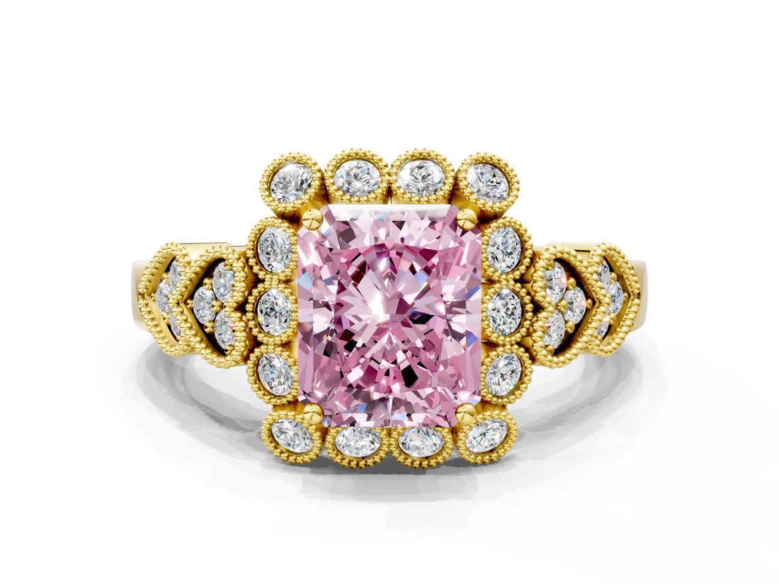 Yellow gold Fancy Pink Radiant Cut Brilliant Milgrain Pave Heart Band Solitaire Ring