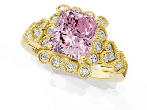 Yellow gold Fancy Pink Radiant Cut Brilliant Milgrain Pave Heart Band Solitaire Ring_1