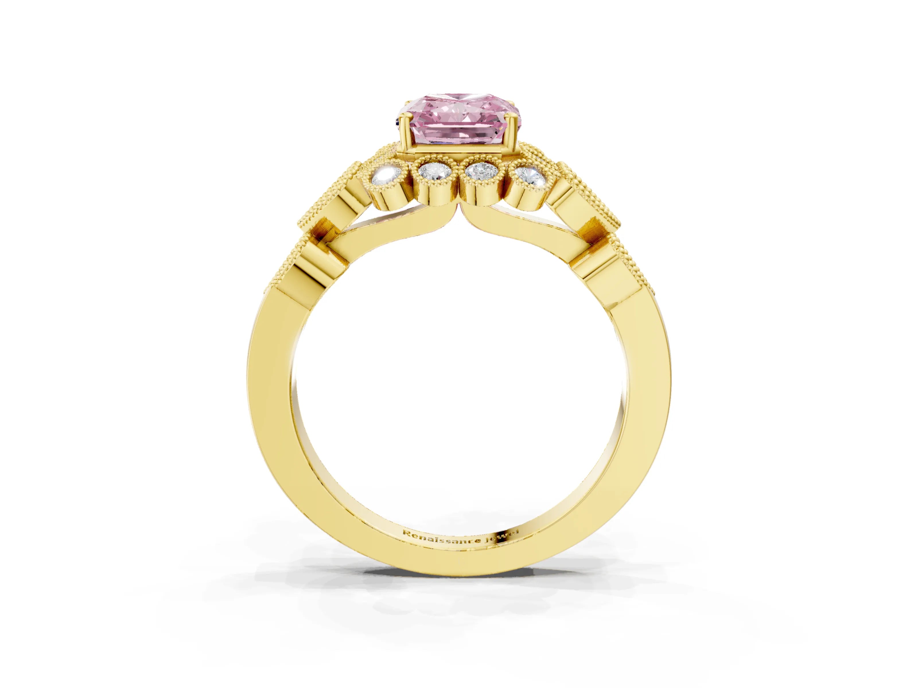 Yellow gold Fancy Pink Radiant Cut Brilliant Milgrain Pave Heart Band Solitaire Ring_3