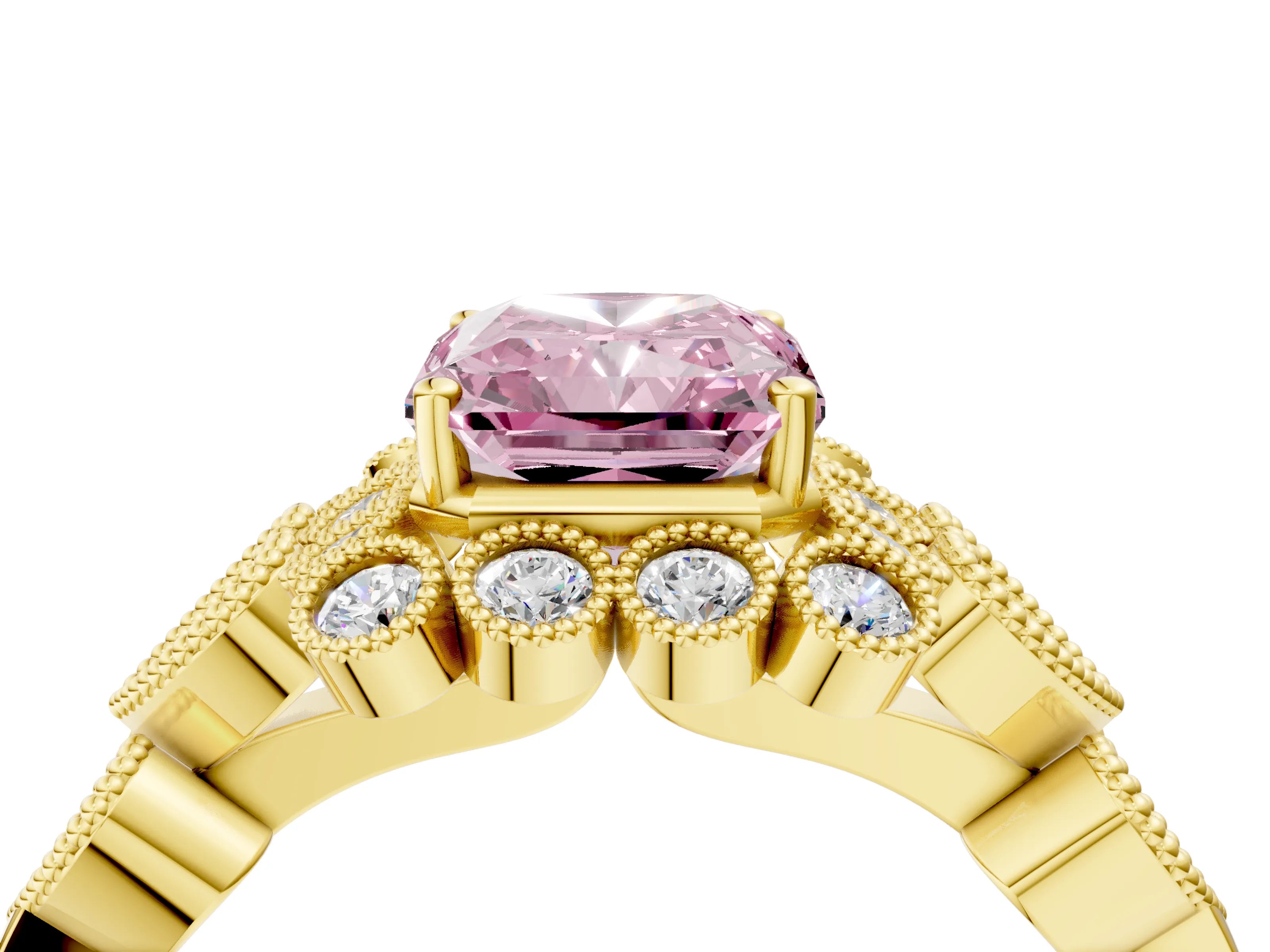Yellow gold Fancy Pink Radiant Cut Brilliant Milgrain Pave Heart Band Solitaire Ring_4