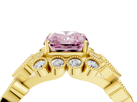 Yellow gold Fancy Pink Radiant Cut Brilliant Milgrain Pave Heart Band Solitaire Ring_4