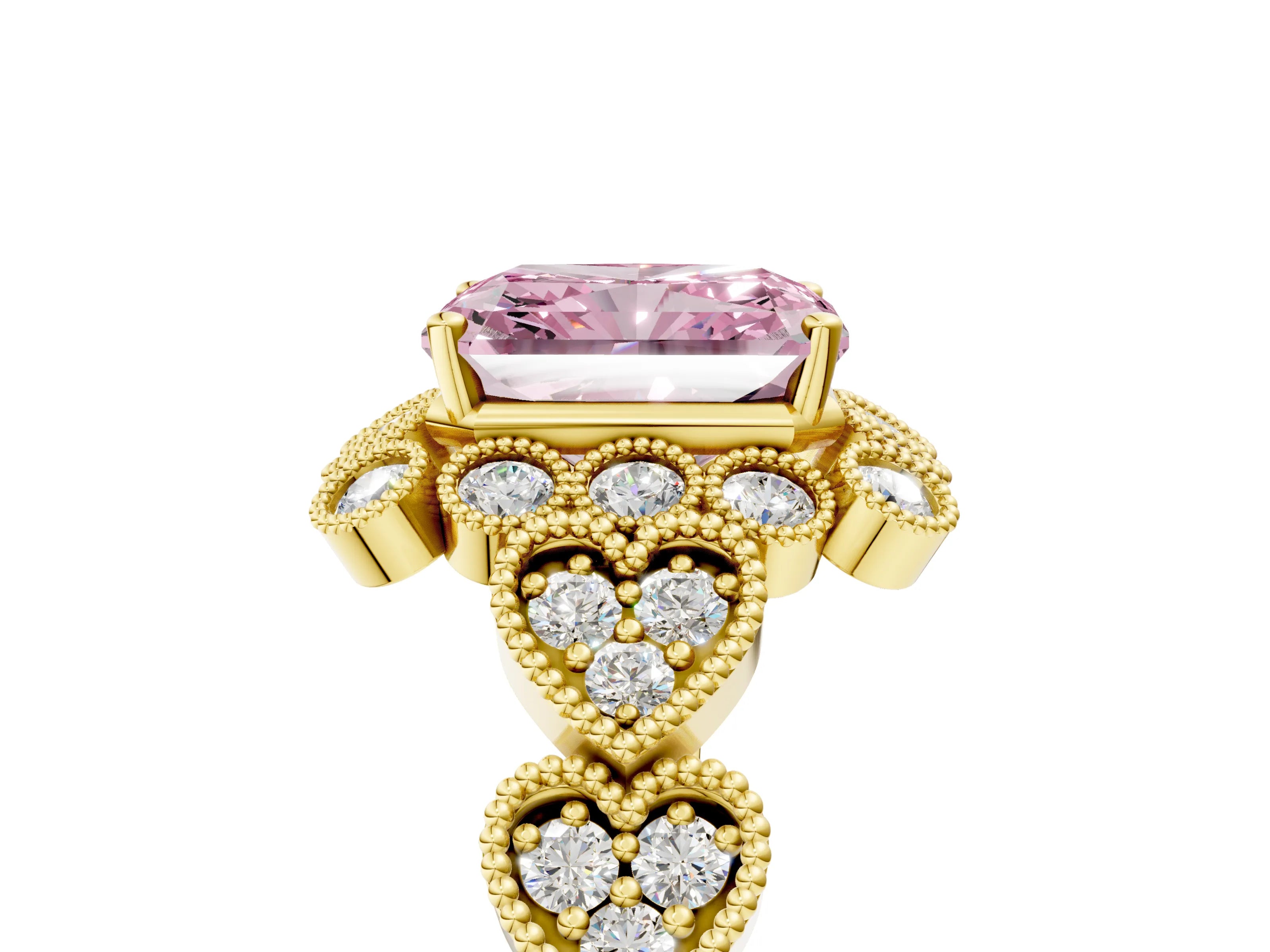 Yellow gold Fancy Pink Radiant Cut Brilliant Milgrain Pave Heart Band Solitaire Ring_5