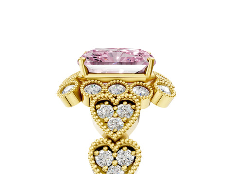 Yellow gold Fancy Pink Radiant Cut Brilliant Milgrain Pave Heart Band Solitaire Ring_5