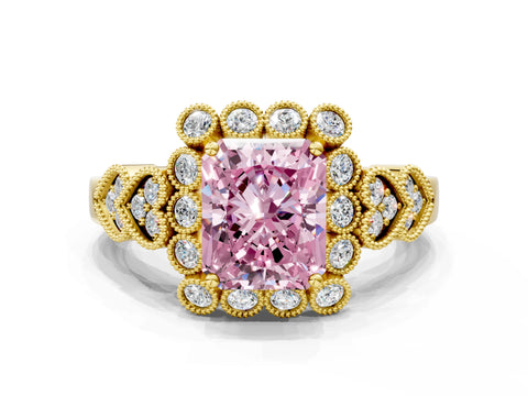 Yellow gold Fancy Pink Radiant Cut Brilliant Milgrain Pave Heart Band Solitaire Ring