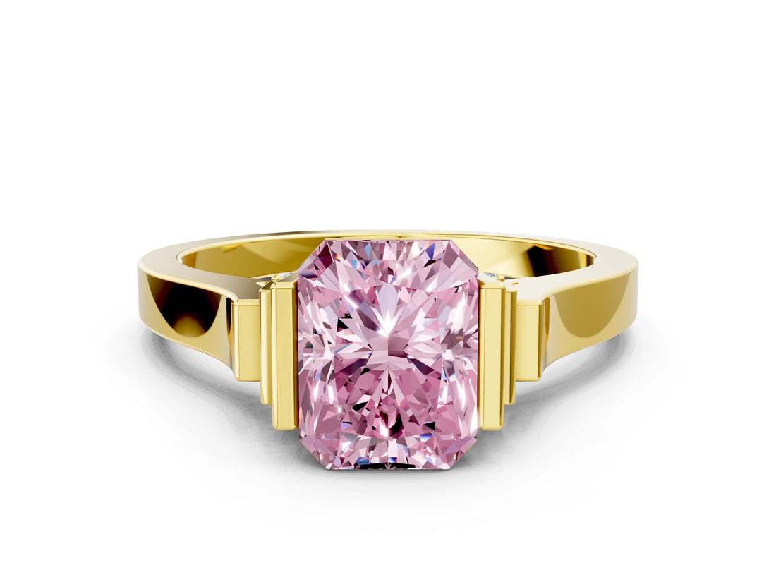 Yellow gold Fancy Pink Radiant Cut Brilliant Solitaire Diamond Ring with Channel Set Band and Bar Prong Setting