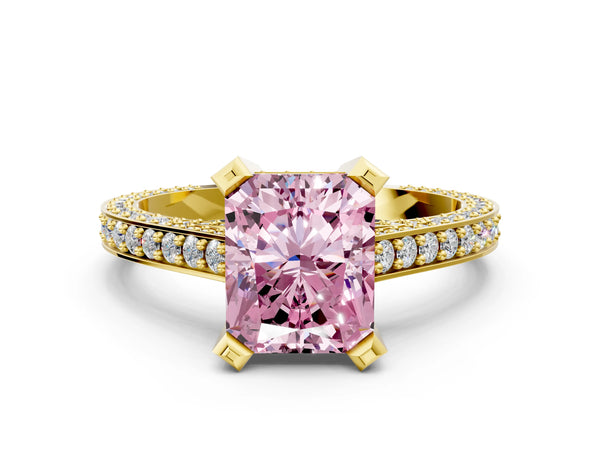 Yellow gold Fancy Pink Radiant Cut Brilliant Split Shank Pave Solitaire Ring with Four-Prong Setting