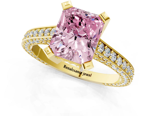 Yellow gold Fancy Pink Radiant Cut Brilliant Split Shank Pave Solitaire Ring with Four-Prong Setting