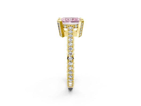 Yellow gold Fancy Pink Radiant Cut Brilliant Split Shank Pave Solitaire Ring with Four-Prong Setting