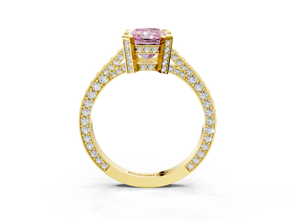Yellow gold Fancy Pink Radiant Cut Brilliant Split Shank Pave Solitaire Ring with Four-Prong Setting