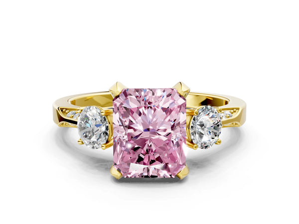 Yellow gold Fancy Pink Radiant Cut Brilliant Three-Stone Diamond Ring with Pavé Band and Four-Prong Setting