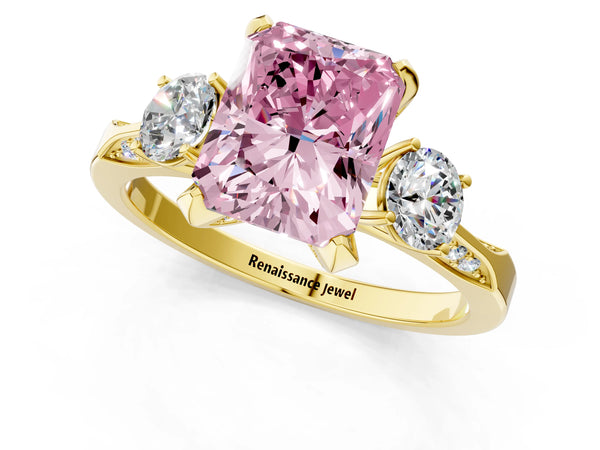 Yellow gold Fancy Pink Radiant Cut Brilliant Three-Stone Diamond Ring with Pavé Band and Four-Prong Setting