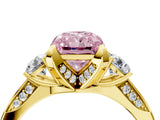Yellow gold Fancy Pink Radiant Cut Brilliant Three-Stone Diamond Ring with Pavé Band and Four-Prong Setting_7