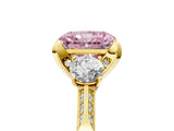 Yellow gold Fancy Pink Radiant Cut Brilliant Three-Stone Diamond Ring with Pavé Band and Four-Prong Setting_8
