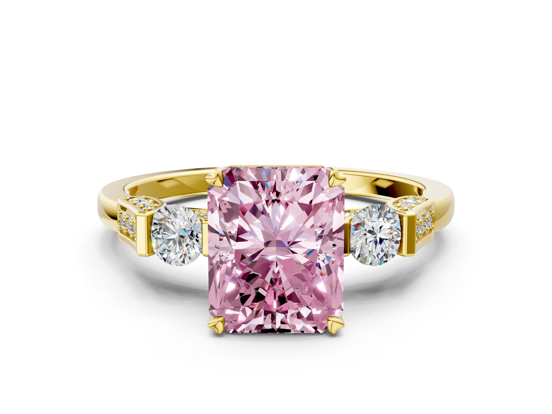 Yellow gold Fancy Pink Radiant Cut Brilliant Three-Stone Pave Band with Four-Prong Setting