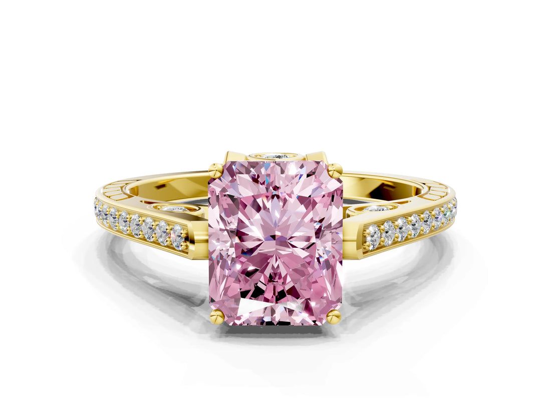Yellow gold Fancy Pink Radiant  Cut Cathedral Pave Diamond Engagement Ring with Six-Prong Setting_32